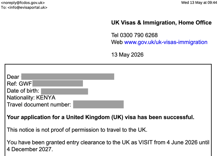 Kenya UK visa approval letter