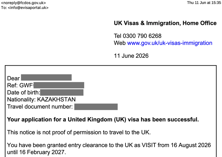 Kazakhstan UK visa approval letter
