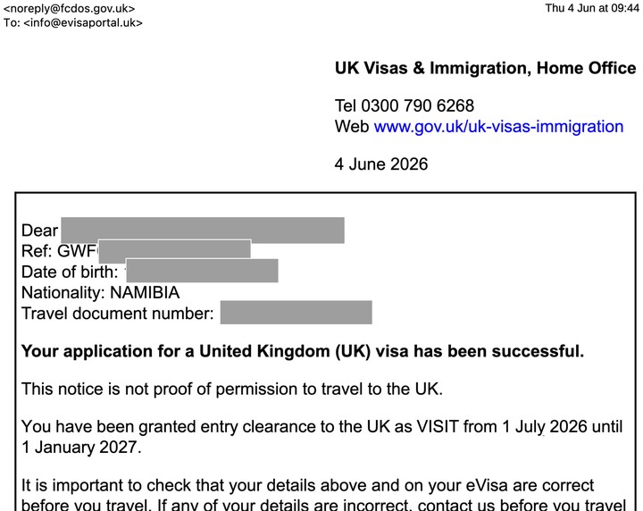 Namibia UK visa approval letter