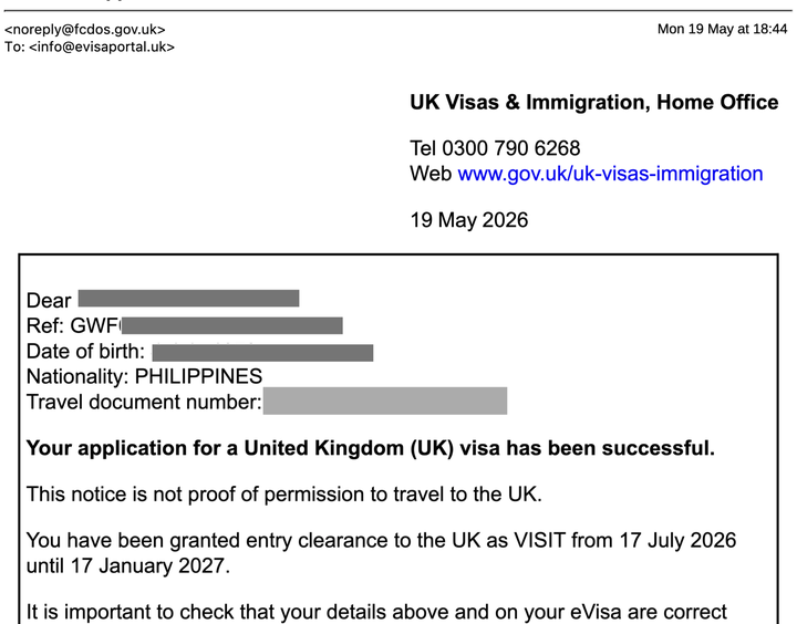 Philippines UK visa approval letter