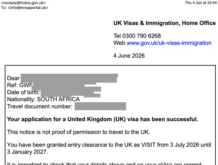 South Africa UK visa approval letter